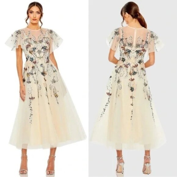 Mac Duggal 20510 Flutter Sleeve High Neck Embellished Tea Length Dress Sz 8 Nude - Picture 1 of 6